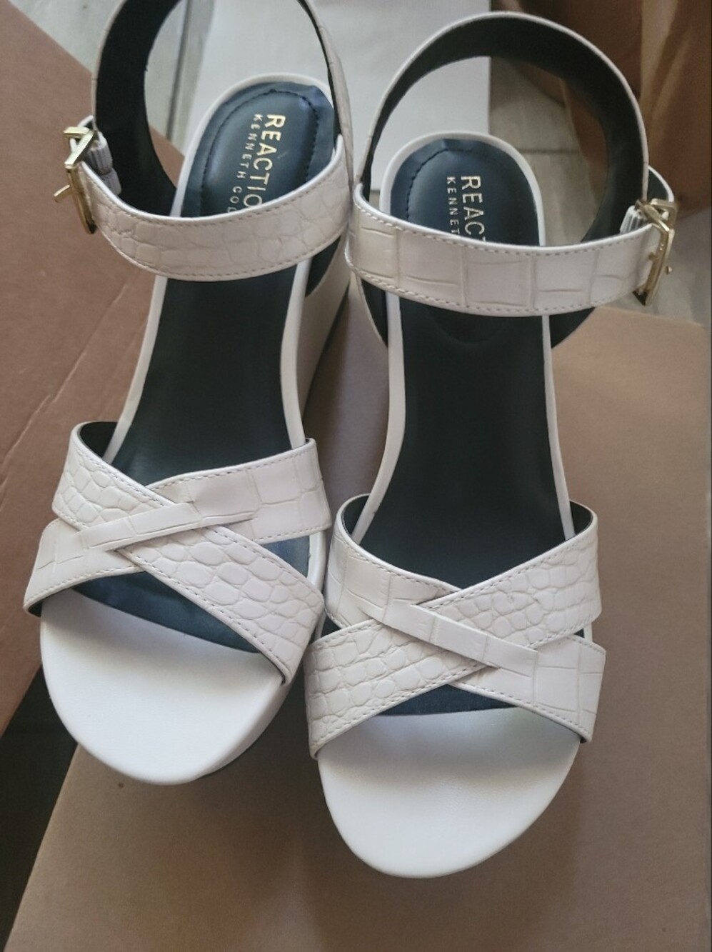 Reaction Kenneth Cole Ivory Croc-Texture Ankle Strap Sandals